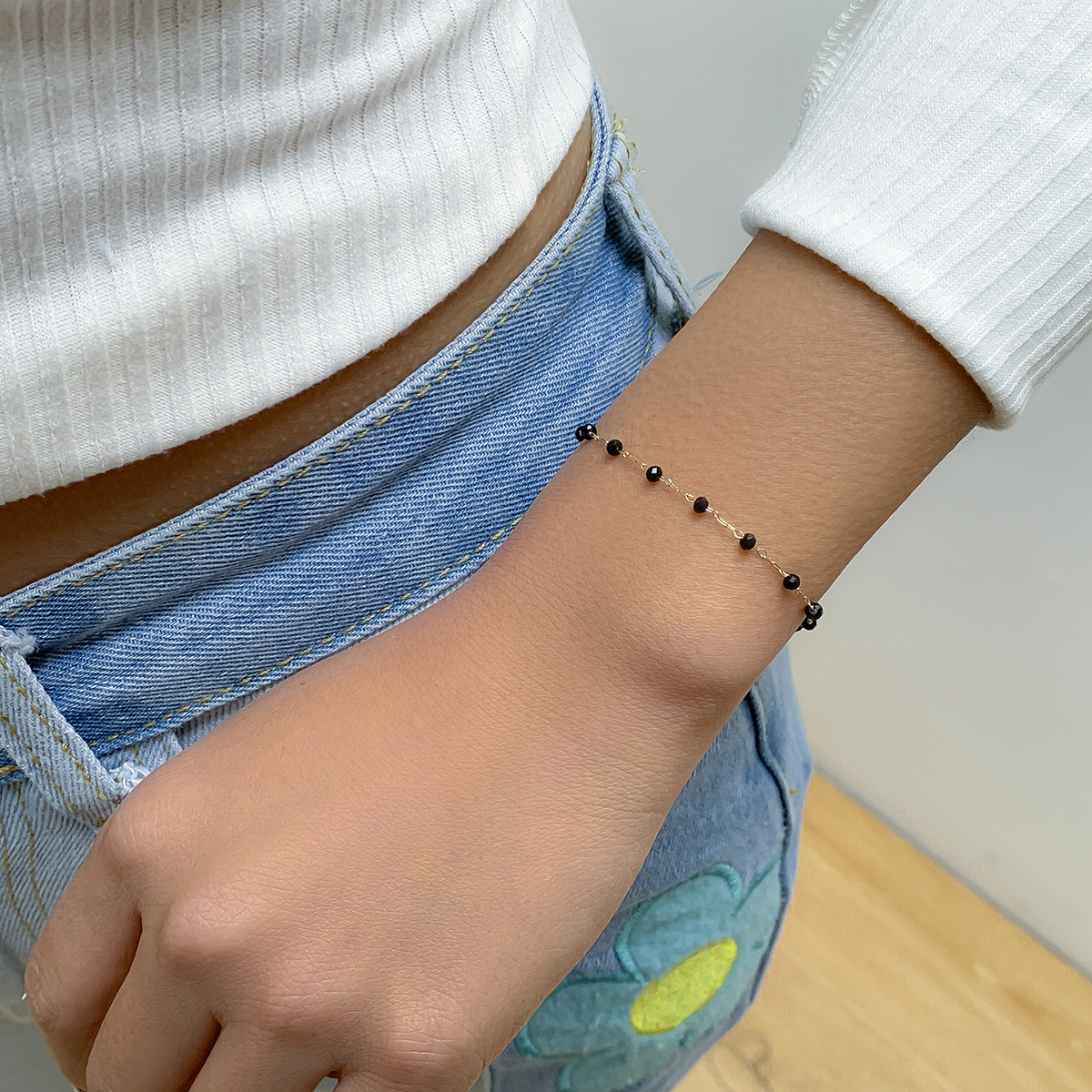 jewelry simple black and white imitation crystal chain single layer bracelet copper