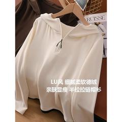 Lulu风细腻柔软德绒连帽卫衣半拉链假两件套头衫D0909W