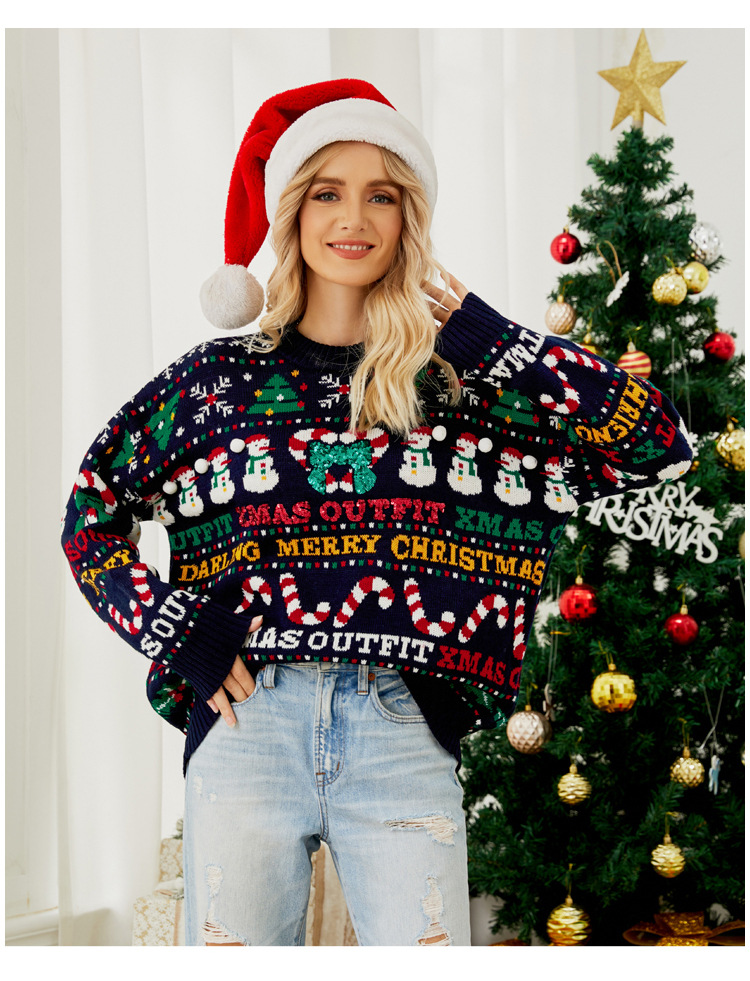 Women's Christmas Tree Knitted Sweater With Snowman Sequin Design_voghion.com