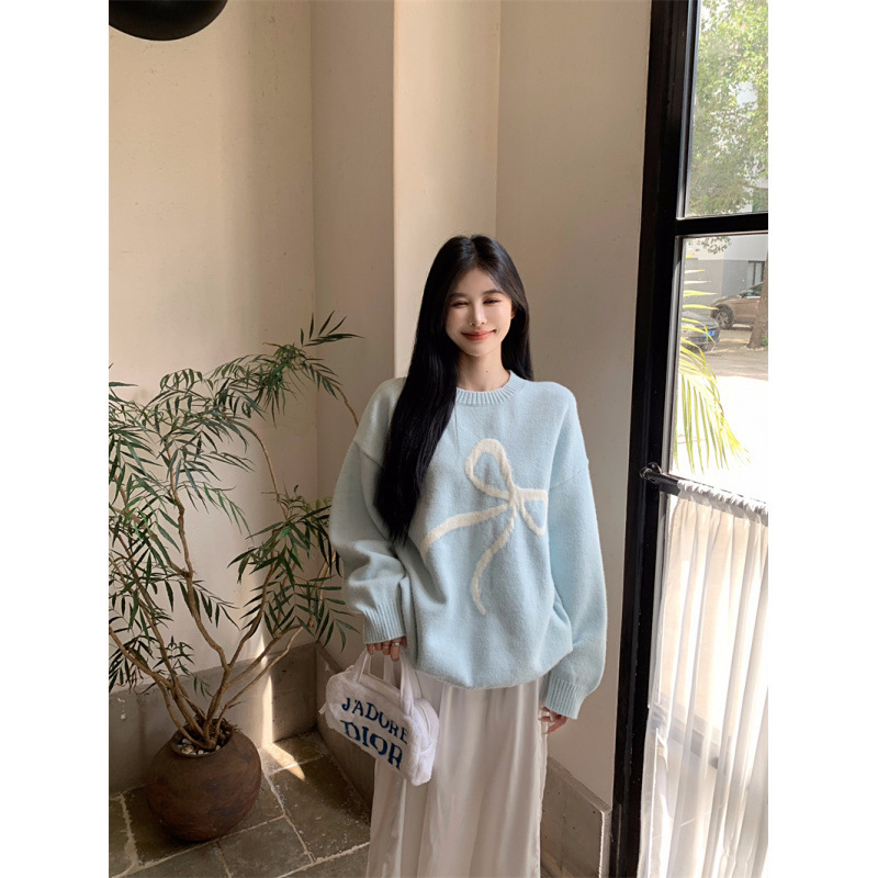 Original Sweet and Lazy Weekend Bow Knitwear Spring, Autumn and Winter New Korean Style Round Neck Loose Knitwear Top for Women