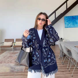 欧美跨境2025秋冬新款超大流苏刺绣披肩开衫宽松系带收腰针织衫女