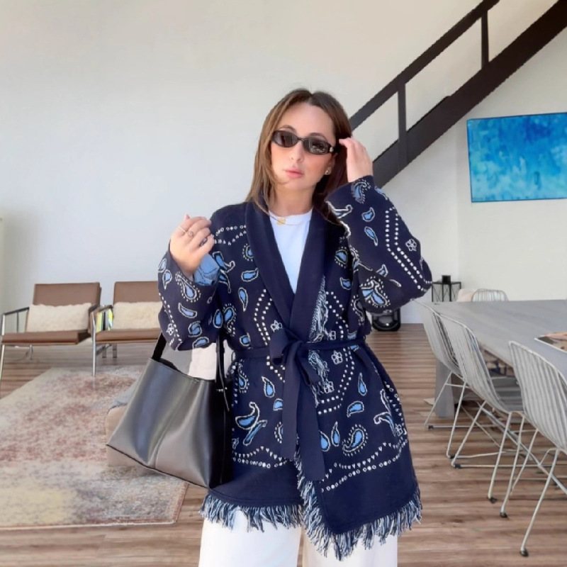 European and American Cross-Border 2025 Autumn and Winter New Oversized Tassel Embroidered Shawl Cardigan Loose Lace-Up Waist Knitwear for Women