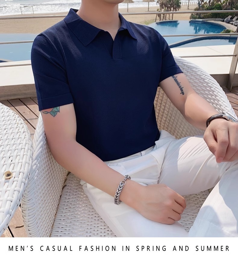 Men's Slim Fit Polo Shirt Silky Cotton Ice Silk Knitted Seagull Collar Short Sleeve Casual Workwear Trendy Sweatshirt_viptrois.com