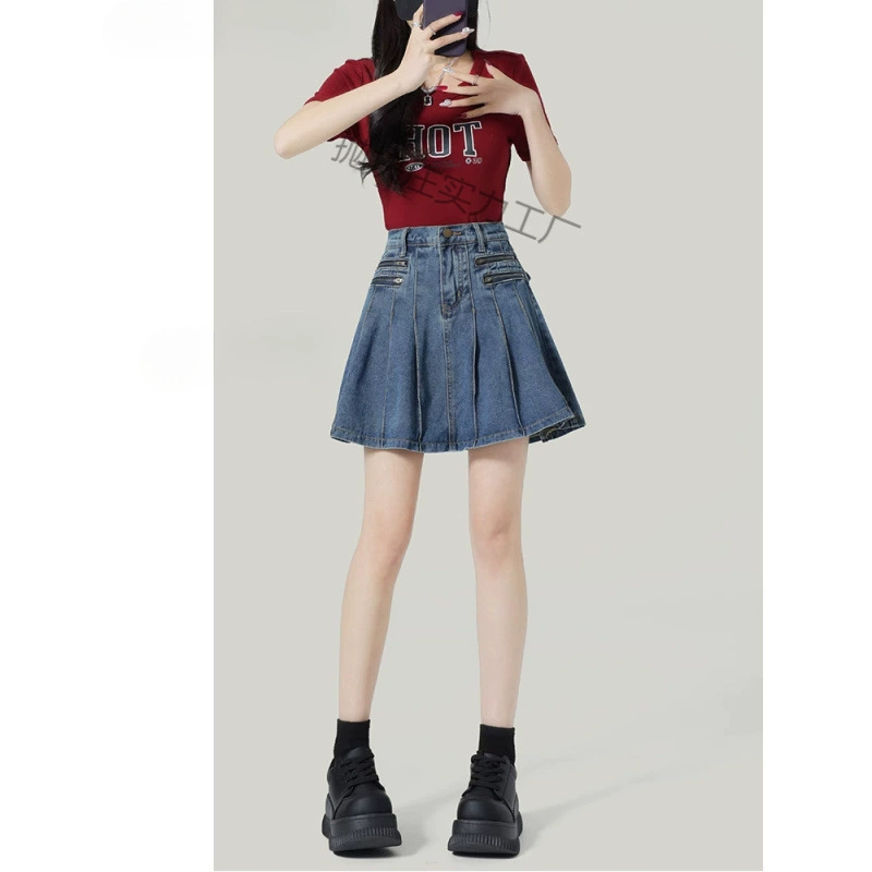 Ретро джинсовая короткая юбка для женщин, лето 2025, новая, анти-экспозиция, высокая талия, А-силуэт, плиссированная юбка