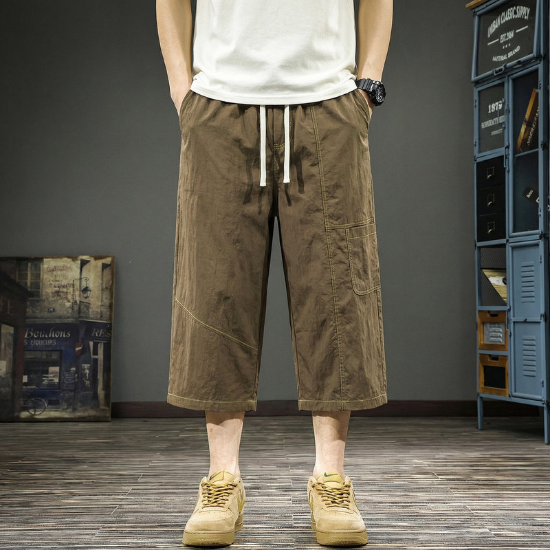 American Retro Style Men's Casual Pants, Cool and Quick-Dry, Summer Thin Version, 7/8 Length, Elastic Waist, Straight Loose Fit Work Pants