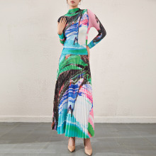 欧美名媛时尚短袖印花压褶上衣高腰显瘦大摆百褶半身裙高档套装