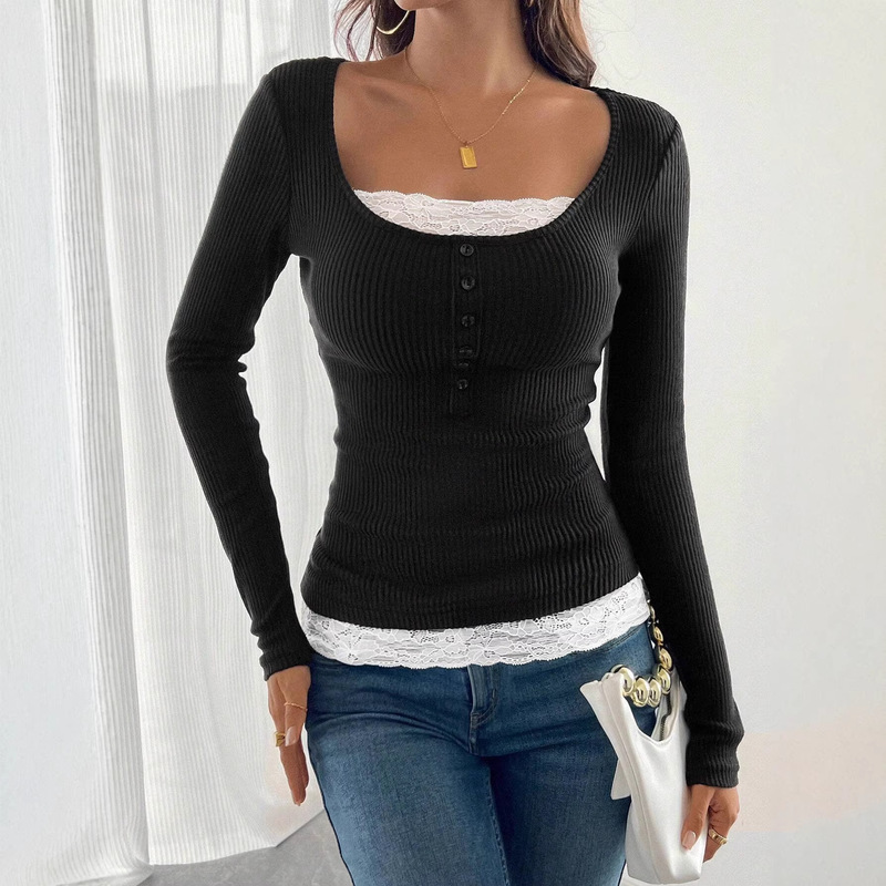 2026 Cross-Border European and American Amazon Fashion Simple Square-Neck Lace Patchwork Single-Breasted Slim-Fit Long-Sleeve Top 2026 Cross-Border European and American Amazon Fashion Simple Square-Neck Lace Patchwork Single-Breasted Slim-Fit Long-Sleeve Top