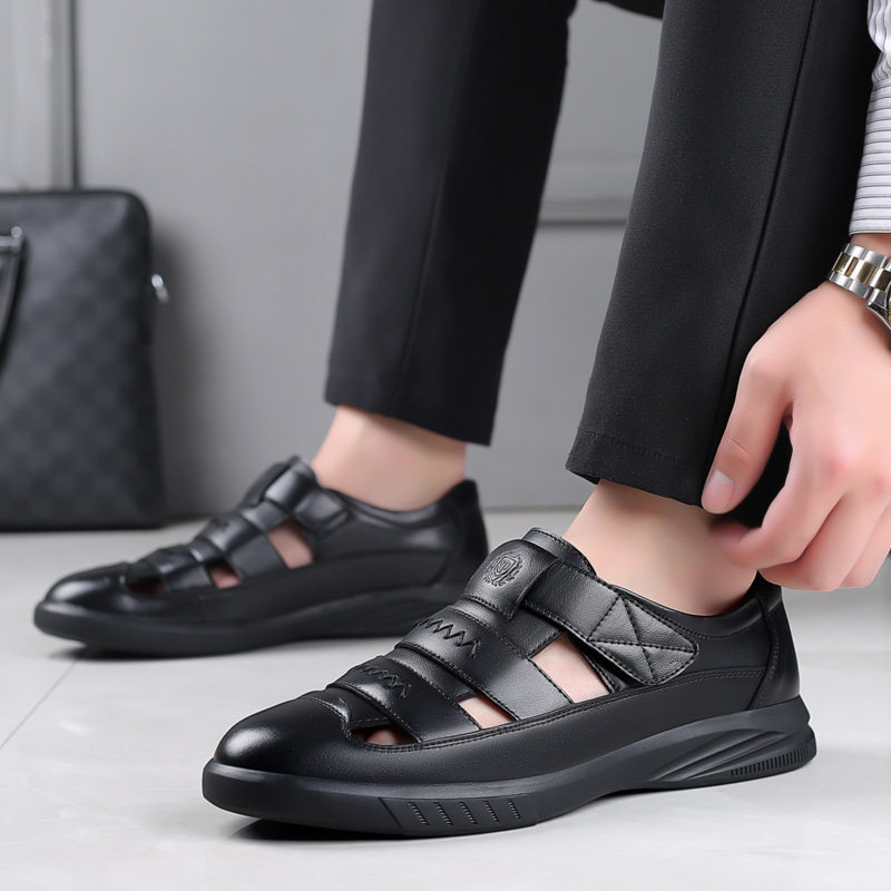 Dép sandal nam da bò thật đế cao su, kiểu lỗ thoáng khí mùa hè, quai ngang dây buộc — Màu nâu, Màu đen