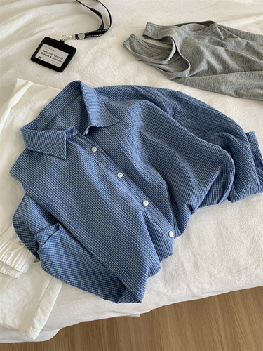 2025 Autumn Art Retro Relaxed Washed Cotton Blue Check Shirt for Women, Lightweight Breathable Loose Korean Style Shirt