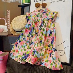 2023夏裝新款兒童莫奈花園連衣裙女童小飛袖碎花洋氣公主背心裙子