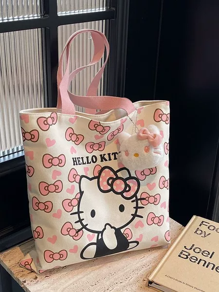 Cross-Border Nins Canvas Bag Women's Large Capacity Bag Student Shoulder Tote Bag Cute Kt Cat Commuter Tote Bag