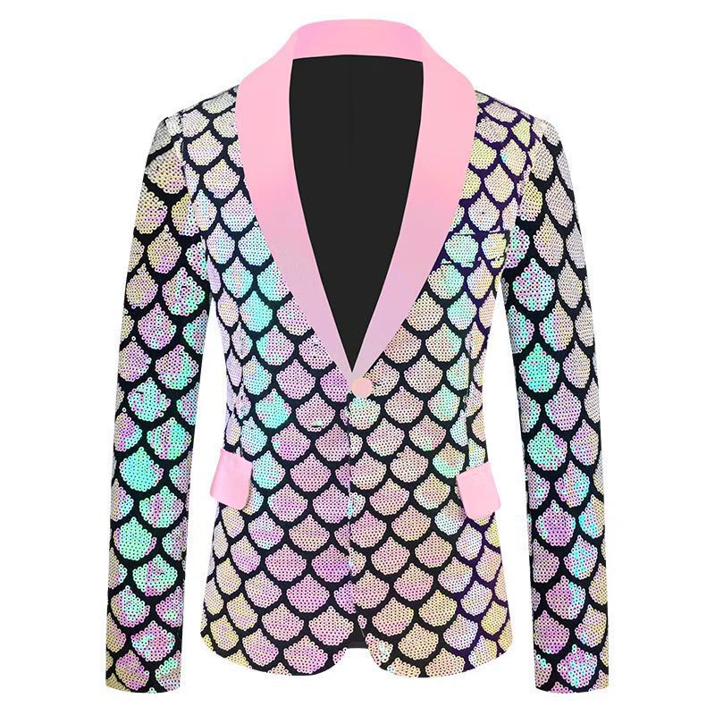 Cross-border US size men's velvet iridescent sequined performance suit with fish scale pattern, tuxedo-style jacket with contrasting colors
