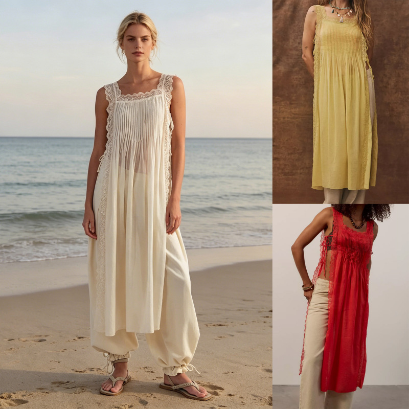 In-Stock European and American Summer Vacation Style Lace-Trimmed Blouse with Square Neck and Sheer Overlay Dress Su4382 In-Stock European and American Summer Vacation Style Lace-Trimmed Blouse with Square Neck and Sheer Overlay Dress Su4382