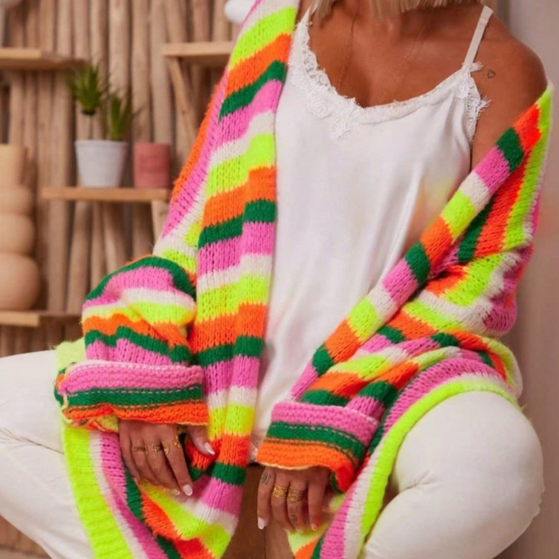 New European and American Style Oversized Colorful Patchwork Women's Long Cardigan Sweater, Fashionable and Soft with a Wooly Texture New European and American Style Oversized Colorful Patchwork Women's Long Cardigan Sweater, Fashionable and Soft with a Wooly Texture