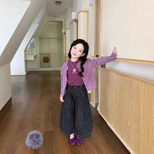 2026春季新款女童洋气针织开衫+卡通长袖打底衫+豹纹阔腿裤三件套