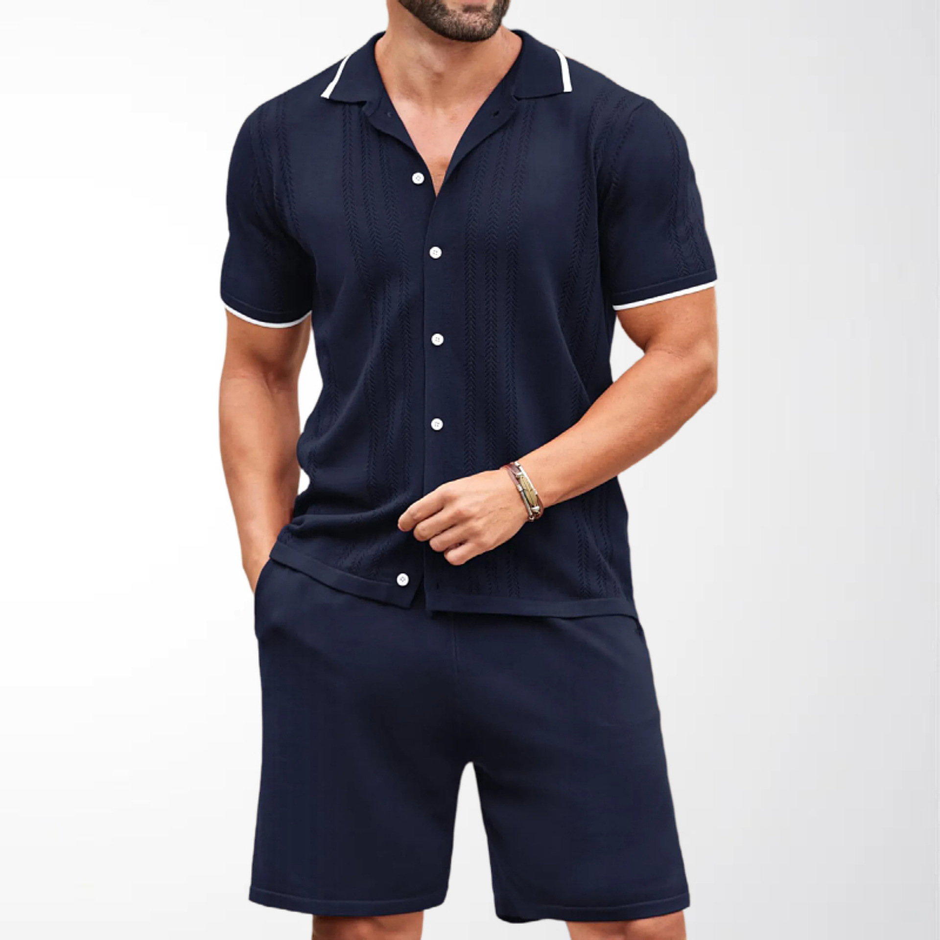 Abbigliamento uomo transfrontaliero, completo due pezzi in maglia casual da lavoro europeo e americano, set con polo in maglia di seta fresca_voghion.com