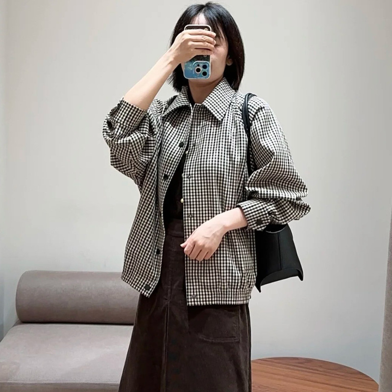 HE系女装 羊毛微弹斜纹布细格翻领夹克外套女 2025年秋季通勤上衣|undefined