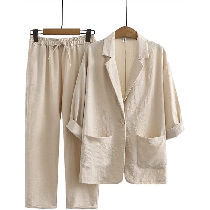 Southeast Asia Cross-Border Spring and Autumn Large Size Loose Linen Elastic Waist Long Pants Three-Quarter Sleeve Jacket Suit Sports Set