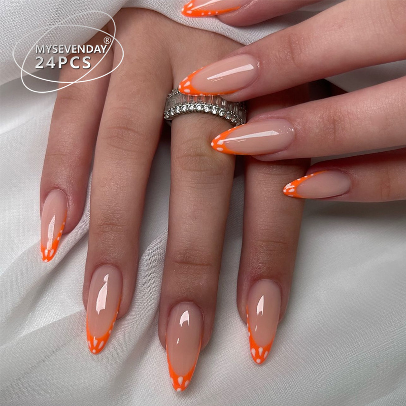 Wholesale Cross-Border French-Style Nail Tips, Medium-Long Finished Product, 24 Pieces, Orange Deer Pattern Printed Fake Nail Stickers Wholesale Cross-Border French-Style Nail Tips, Medium-Long Finished Product, 24 Pieces, Orange Deer Pattern Printed Fake Nail Stickers