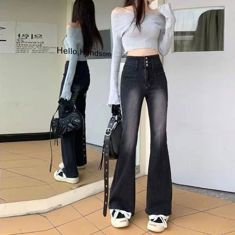 Women's Slim-fit Black Grey Straight Stretch Horseshoe Trousers with Buckle Design Super High Waist Denim Trousers