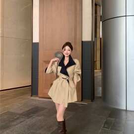 韩国ins秋季新款短款风衣外套女法式气质撞色收腰翻领系带大衣潮