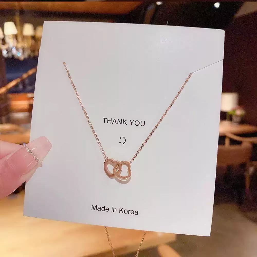 Titanium Steel 18K Heart Double Ring Necklace Women's Clavicle Chain Simple Heart-To-Heart Pendant Necklace Factory Direct Sale