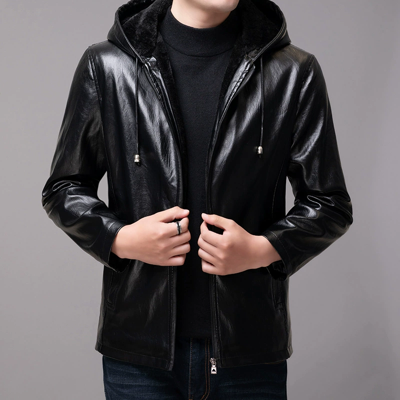 Haining кожаная одежда среднего и пожилого возраста кожаная одежда мужская плюшевая толстая кожаная куртка с капюшоном повседневная осенняя зимняя куртка топ