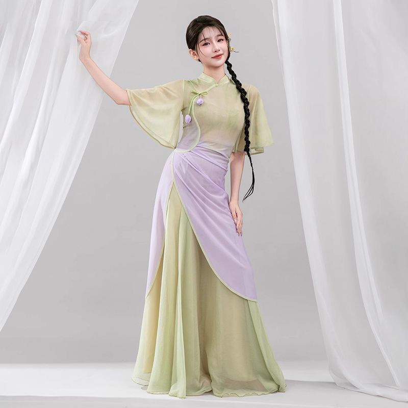 新款古典舞中式旗袍舞蹈飘逸渐变身韵练功裙裤国风纱衣中国演出服