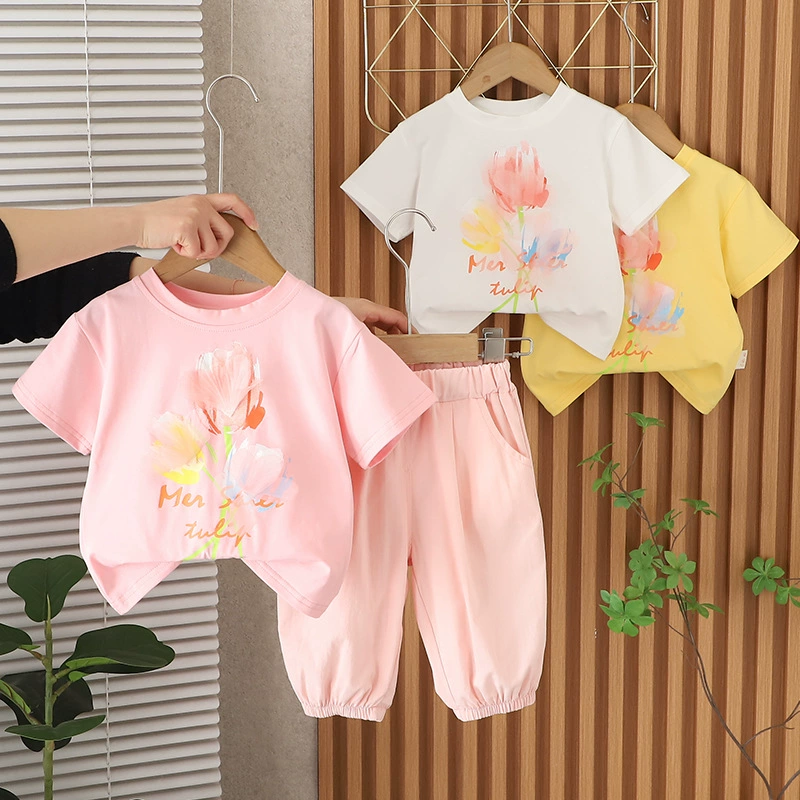 Summer summer clothing flower-shaped, set, trousers, Korean style, children's clothing, round collar, with short sleeve, wholesale