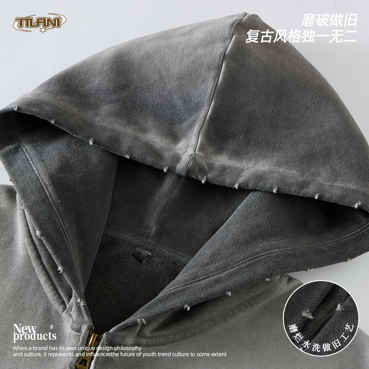 TILANI men's 25SS heavyweight 420G niche anti-bottom fried color frayed zipper jacket for men and women loose wide-leg pants