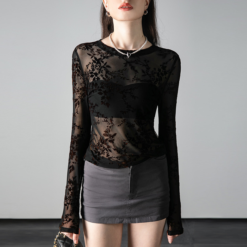 Thin Sexy Half-Transparent Top Light Guofeng Printed Stacked Long Sleeve Lace Inner Base Shirt