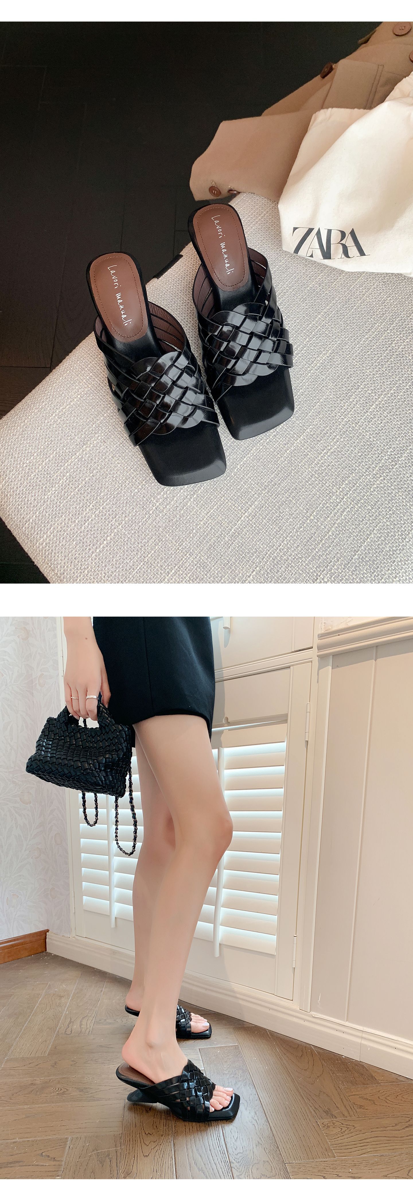Sandal cao gót nữ mũi vuông đan chéo, gót xuồng 9 cm — Trần truồng hồng, màu đen, màu trắng ngà, bạc chi tiết 8