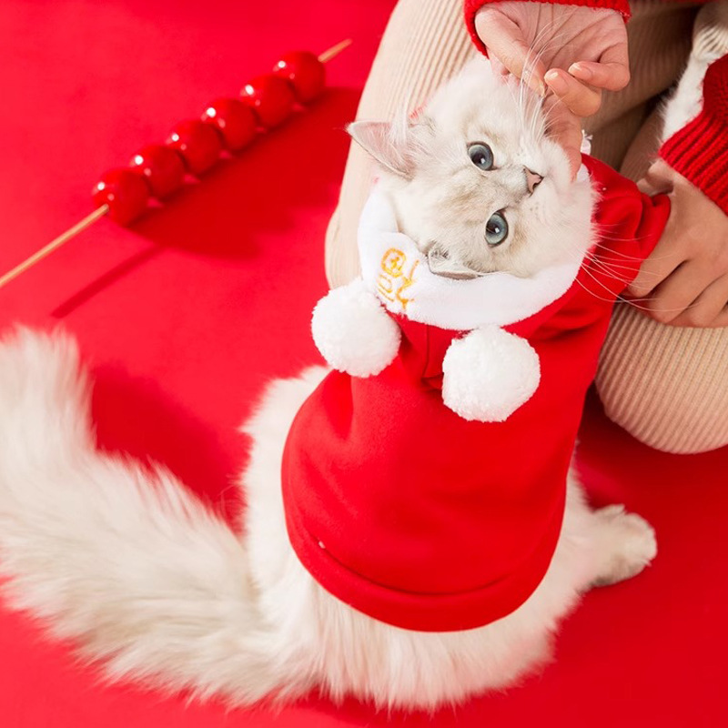 Otoño e Invierno gato primavera doble Bola de piel con capucha suéter perro pequeño perro Año Nuevo Peluche Bomei ropa para perros mascotas