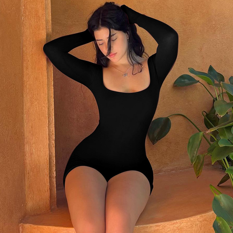 Ropa de mujer de estilo europeo y americano 2023 Verano nueva manga larga cuello en U con cordones sin respaldo cintura alta Levantamiento de cadera deportes yoga mono image 9