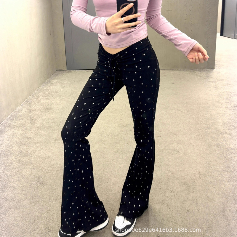Skims Kardashian Style Drawstring Pleated Full Print Star Long Pants Women Slimming Flared Casual Pants