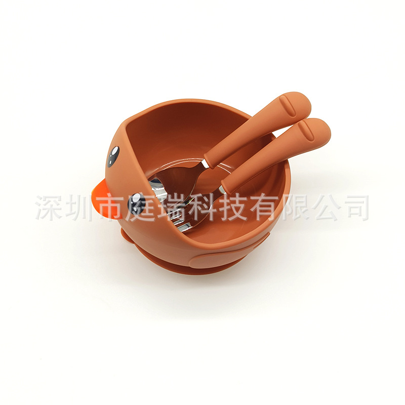 Cuenco de silicona pato suplemento alimenticio Tazón traje 316 tenedor cuchara lindo pollo lechón tazón de bebé resistente a la caída Tazón de cuchara traje