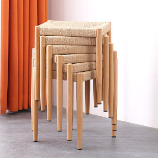 Hand-Woven Imitation Rattan High Square Stool for Home Use for Adults, Creative Simple Rope-Woven Imitation Straw Dining Chair, Stackable Iron Art