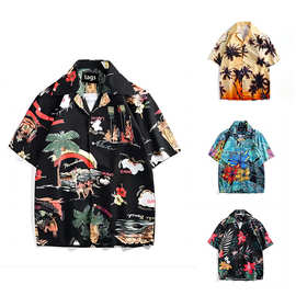 欧美夏季夏威夷沙滩衬衫3D数码印花夏古巴领衬衫男士短袖衬衣批发