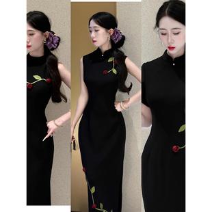 New Chinese Style Improved Handmade Stereo Rose Black Cheongsam 2025 Summer New Super Nice Slimming Look Dress