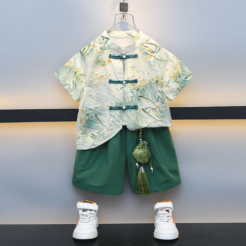 Baby Summer Outfit Set for Young Boys, Hanfu Style, Trendy Summer, National Trend Children's Clothing, Children's Internet Celebrity Collar, Ancient Style Clothes, Fashion