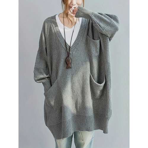 Lazy-style loose V-neck turtleneck mid-length knitted dress with long sleeves, outerwear sweater