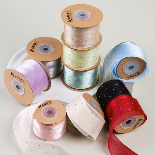 Hot diamond snow textile ribbon DIY bow hair accessories straw hat florist shop flower packaging silver dot silk ski yarn ribbon
