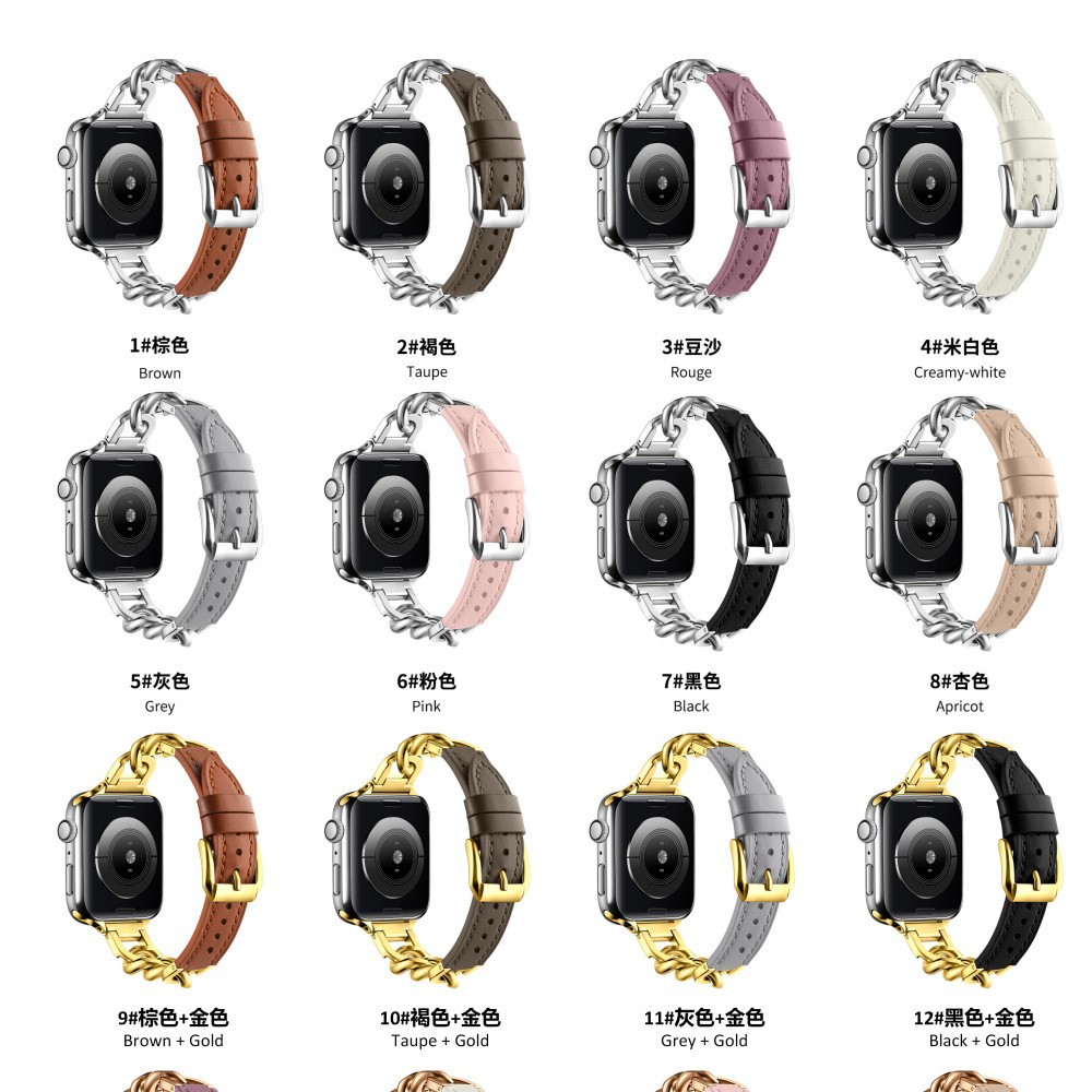 Correa de Cuero y Metal para Apple Watch Serie 9, Compatible con iWatch 11, Diseño de Cadena Metálica con Cuero y Mezclilla