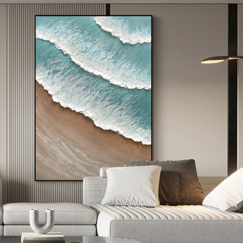 大芬村纯手绘油画立体砂岩画现代简约客厅沙发海浪背景墙玄关抽象