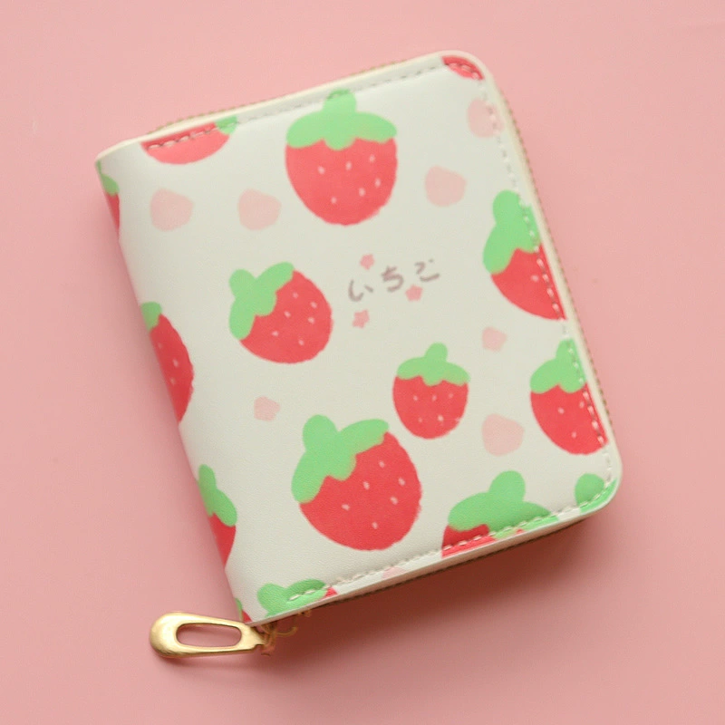 Short Zipper Wallet, cartoon strawberry design, capacious coin/card slots, for elementary students