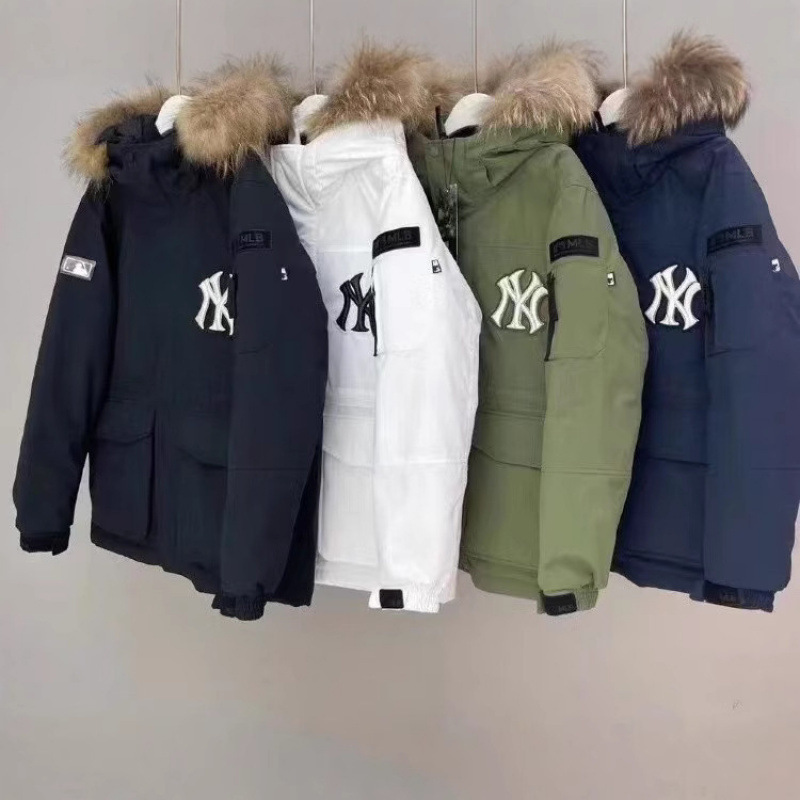 韩国跨境MLB羽绒服洋基队工装大毛领中长款男女款白鸭绒派克外套|undefined