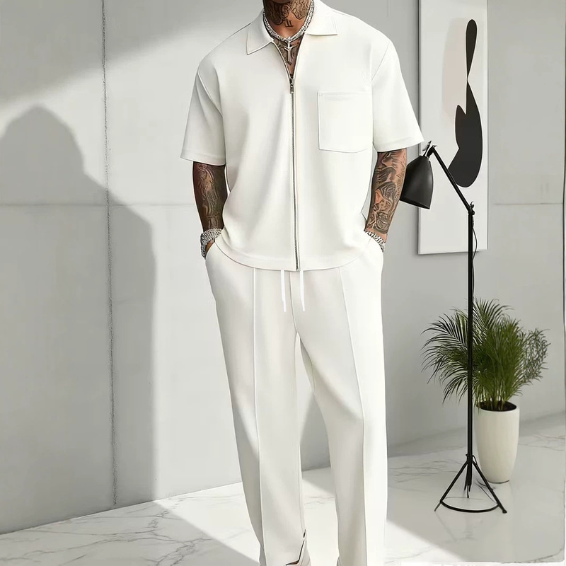European and American cross-border Amazon men's casual sports suit with a collared zip-up short-sleeve cardigan and straight-leg long pants two-piece set