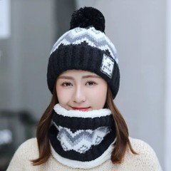 秋冬季加厚加绒保暖针织毛线帽子围脖套装女学生骑车毛球护耳套帽