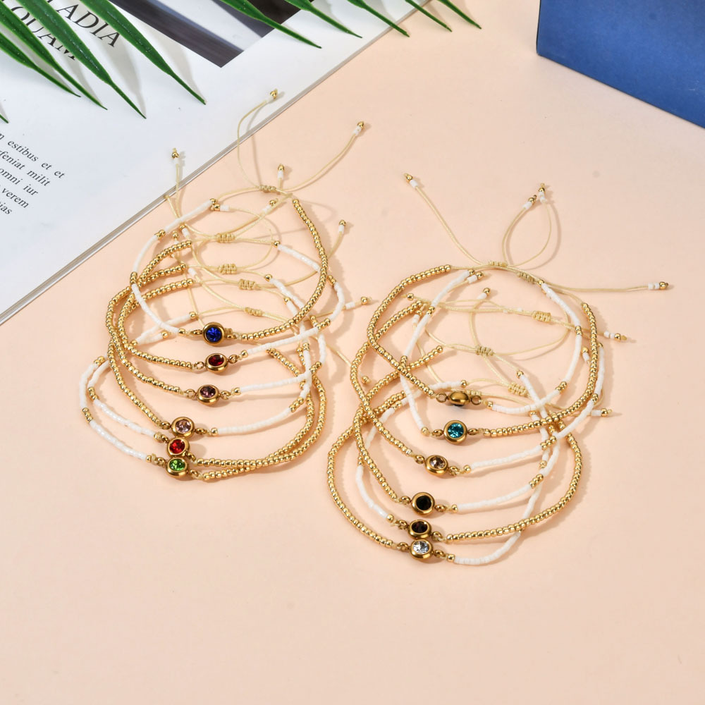 10g Weight Zircon Inlay Material Casual Simple Style Round Stainless Steel Seed Bead Rope Beaded Inlay Zircon Bracelets