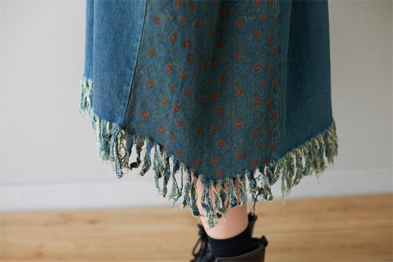 V neck Long Tassel Sweater Washed Dots Patch Long Sleeves Dress Slimming